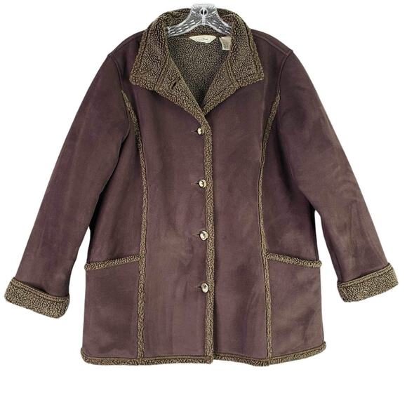 LL Bean Jacket Women’s Faux Suede Sherpa Lined Coat Brown Size Large L Button - Picture 2 of 9